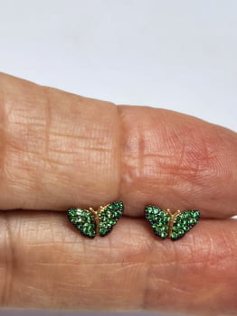 Brinco Borboleta Mini Em Ouro 18k E Zircônio Verde